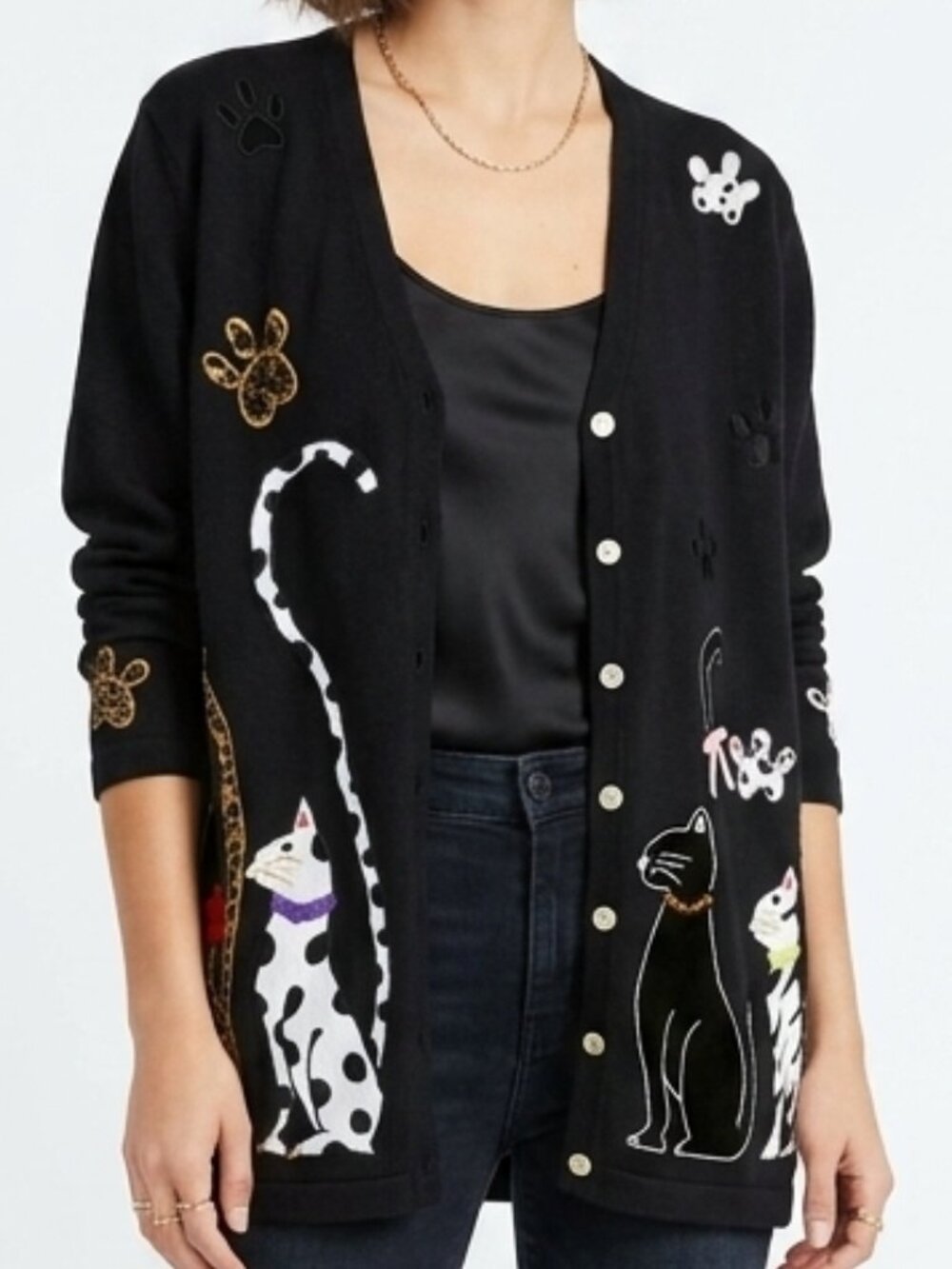BEREK Cat Cardigan Cotton Sweater Black XL Vintage
